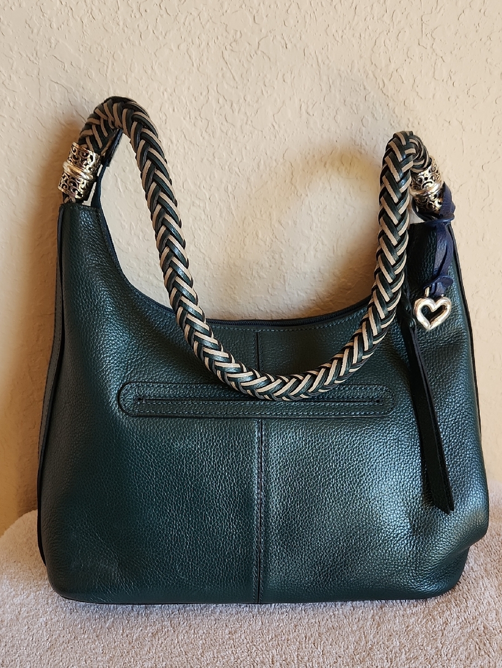 Brighton Forest Green Leather Hobo with Braided Handle and Heart Charm